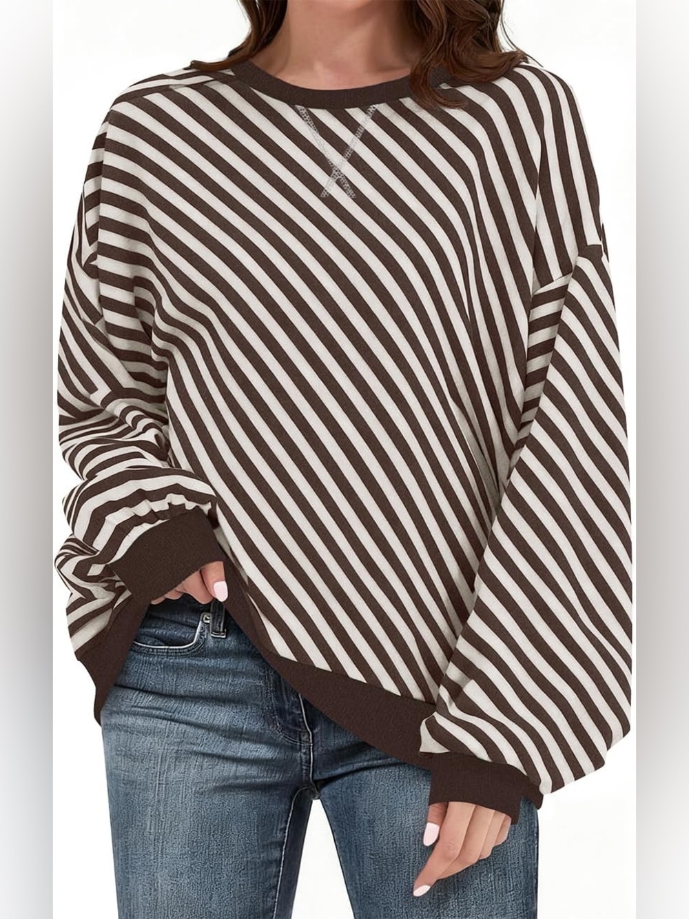 Women’s Brown & Cream Striped Oversized Crewneck Sweatshirt